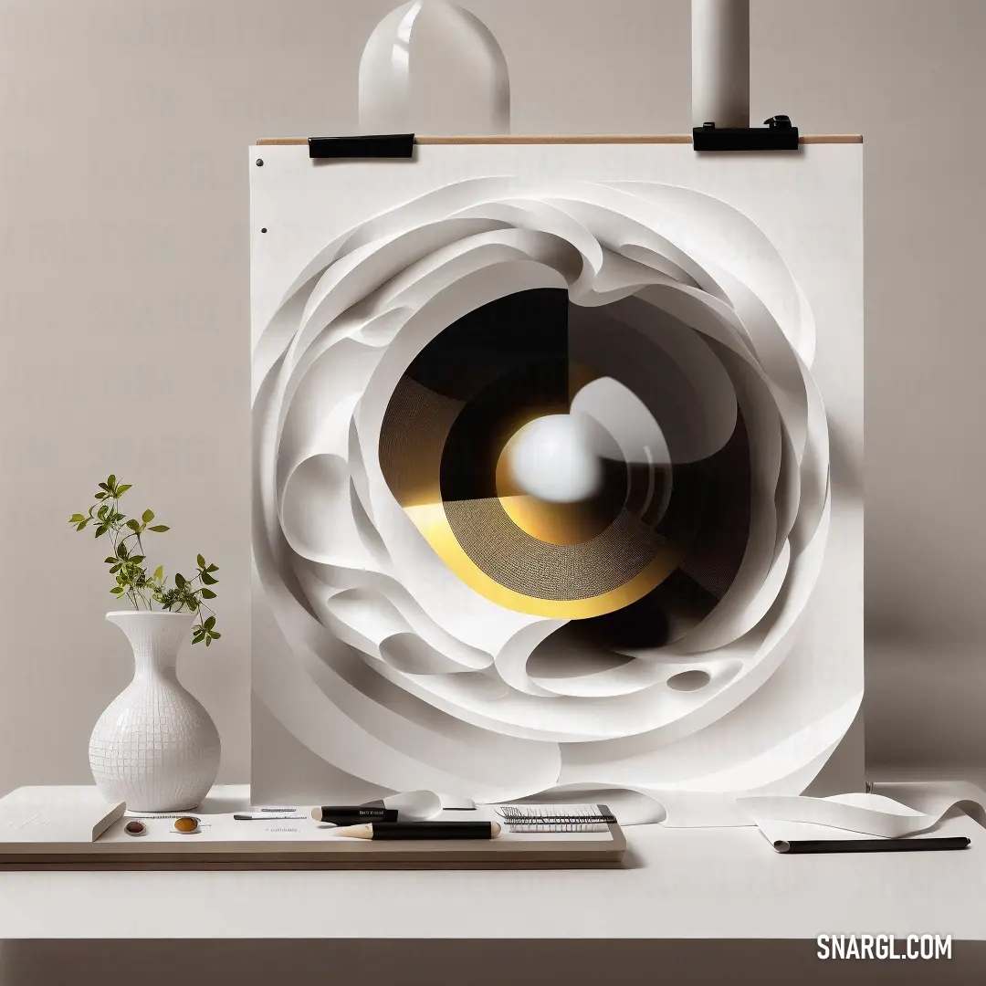 Two white vases sit side by side on a table, one with a yellow center. The NCS S 0520-Y30R color tones bring a sense of warmth and balance to the serene display.