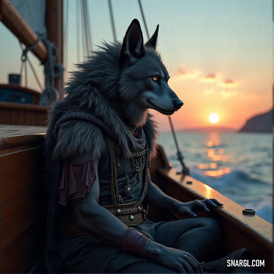 A majestic wolf perched confidently on the edge of a boat, silhouetted against a breathtaking sunset that paints the sky in shades of orange and gold, with the shimmering water reflecting the warm hues of the setting sun.