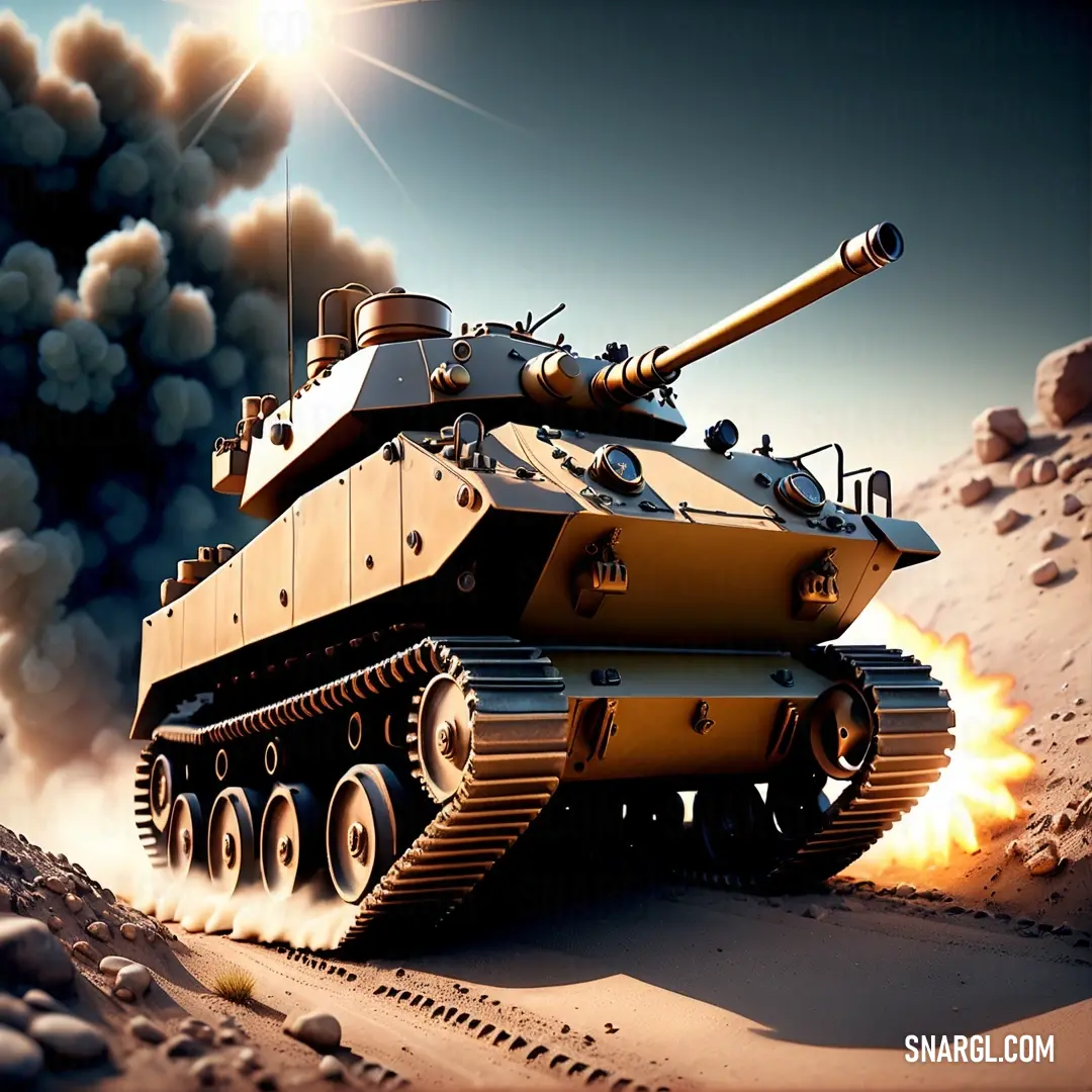 Tank is on a desert with a lot of smoke coming out of it. Color NCS S 0520-Y30R.