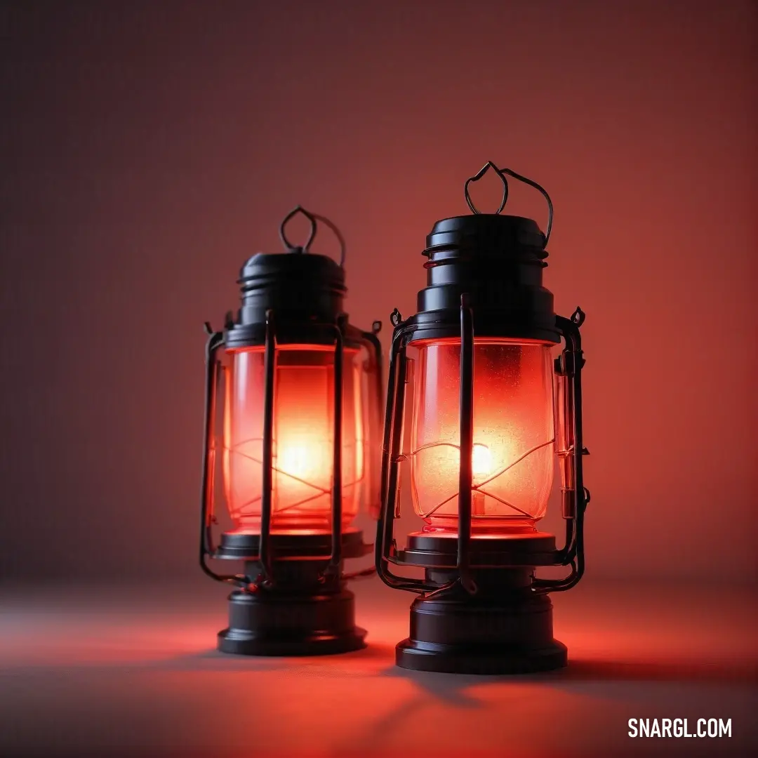 An eye-catching composition featuring two red lanterns placed elegantly on a table, radiating a warm glow against a bold red backdrop, creating an inviting and cozy atmosphere.