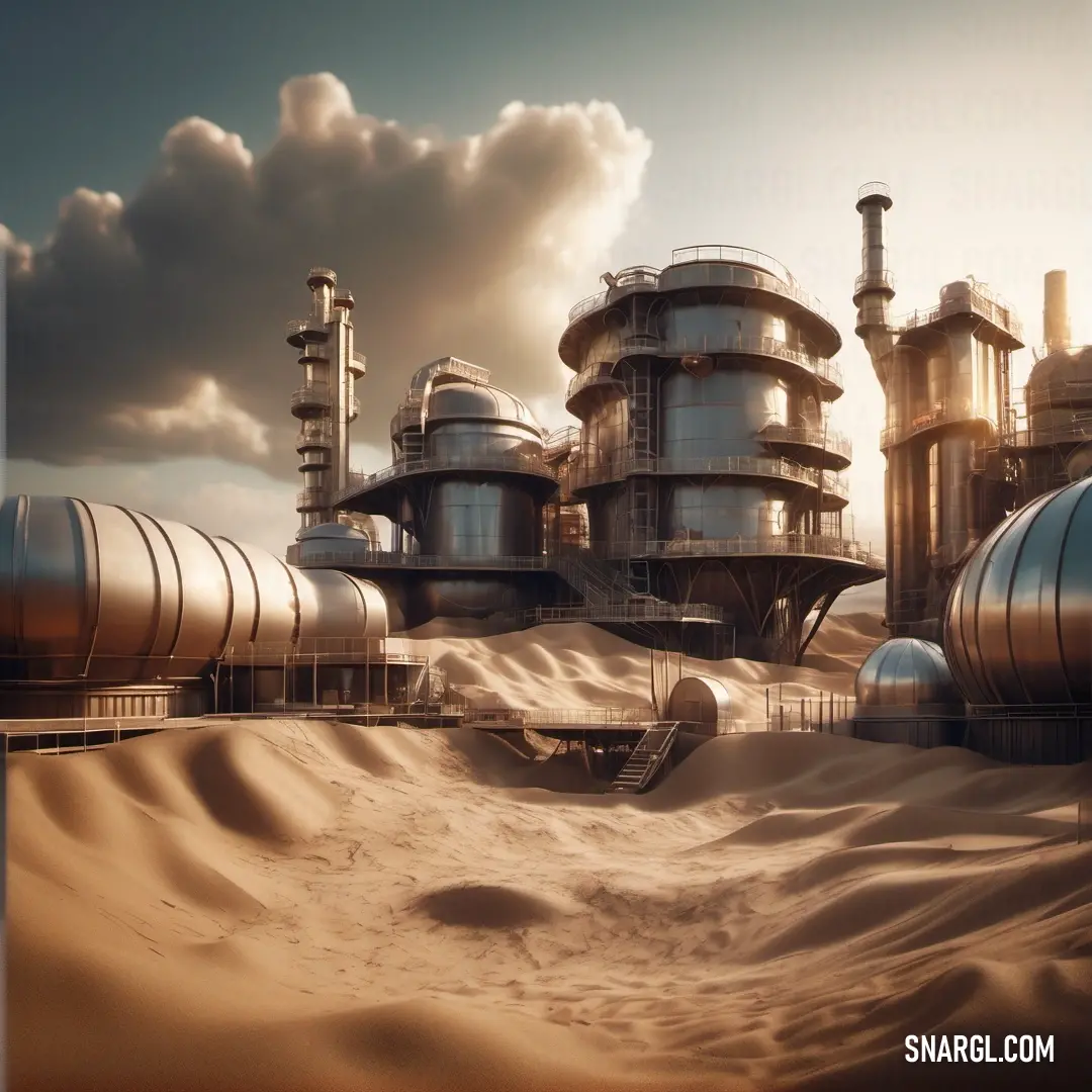 Futuristic city with a lot of pipes and tanks in the sand dunes of a desert area with a cloudy sky. Example of CMYK 0,20,40,0 color.