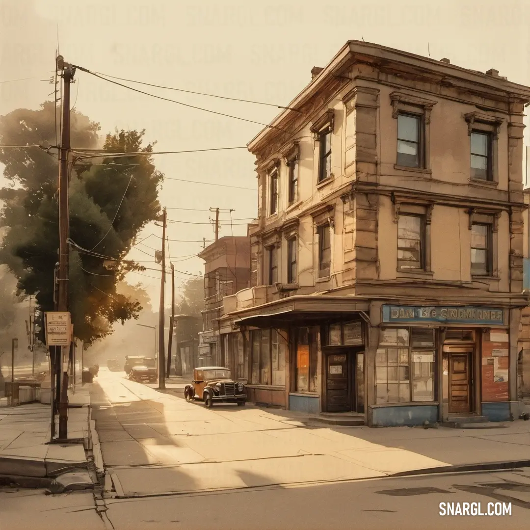 Street corner with a building and a car parked on the side of the road in front of it. Example of #FFD7A5 color.