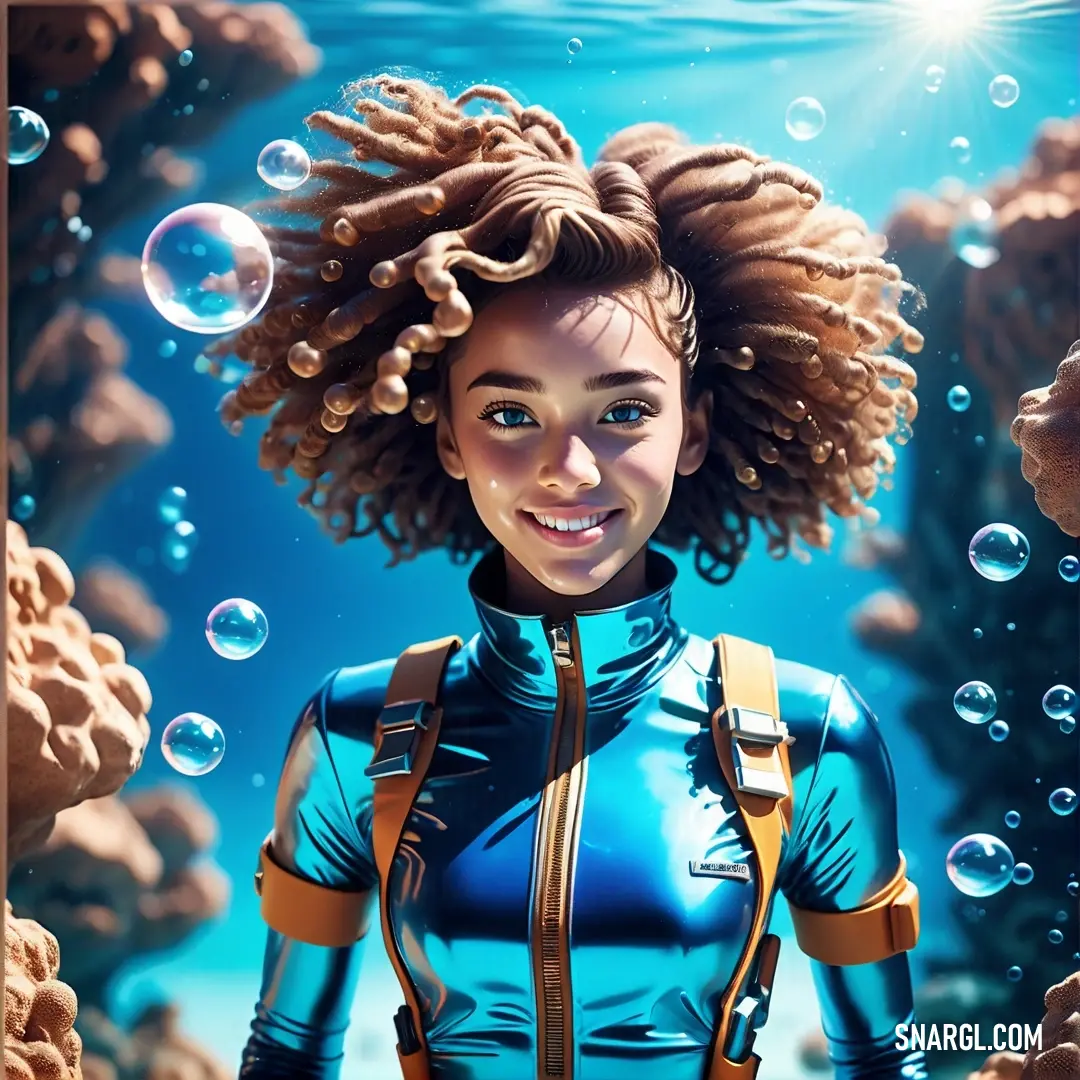NCS S 0520-Y60R color. Woman with a scuba suit and a backpack in the water with bubbles around her and a starfish in the background