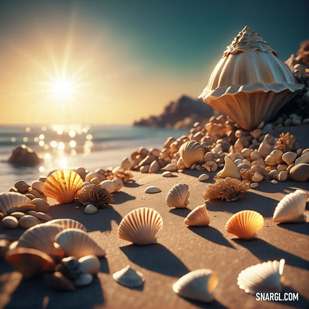Bunch of shells on a beach with the sun in the background. Example of CMYK 0,25,27,0 color.