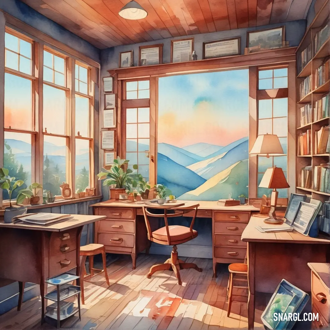 Painting of a desk in a room with a view of mountains and hills is shown in the window. Example of CMYK 0,25,27,0 color.