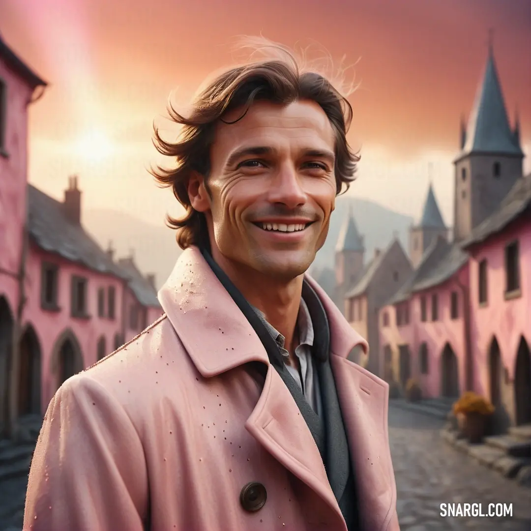 Man in a pink coat is smiling for the camera in a pink city street with a pink sky in the background. Example of #FFD3C0 color.