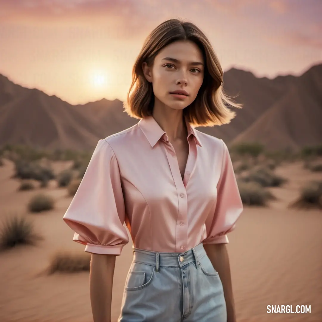 Woman in a pink shirt and jeans standing in the desert at sunset with mountains in the background. Example of CMYK 0,24,23,0 color.