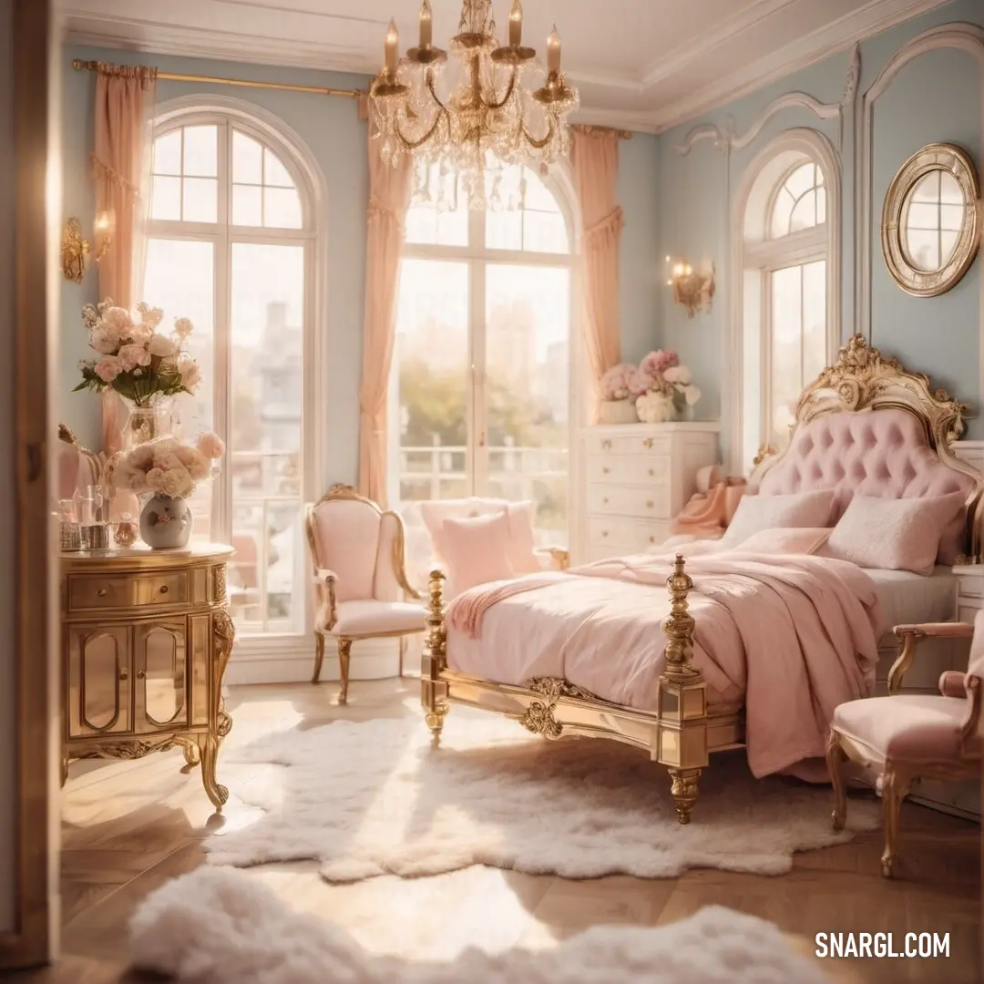 Bedroom with a pink bed and a chandelier and a pink chair and a white rug and a window. Color NCS S 0520-Y90R.