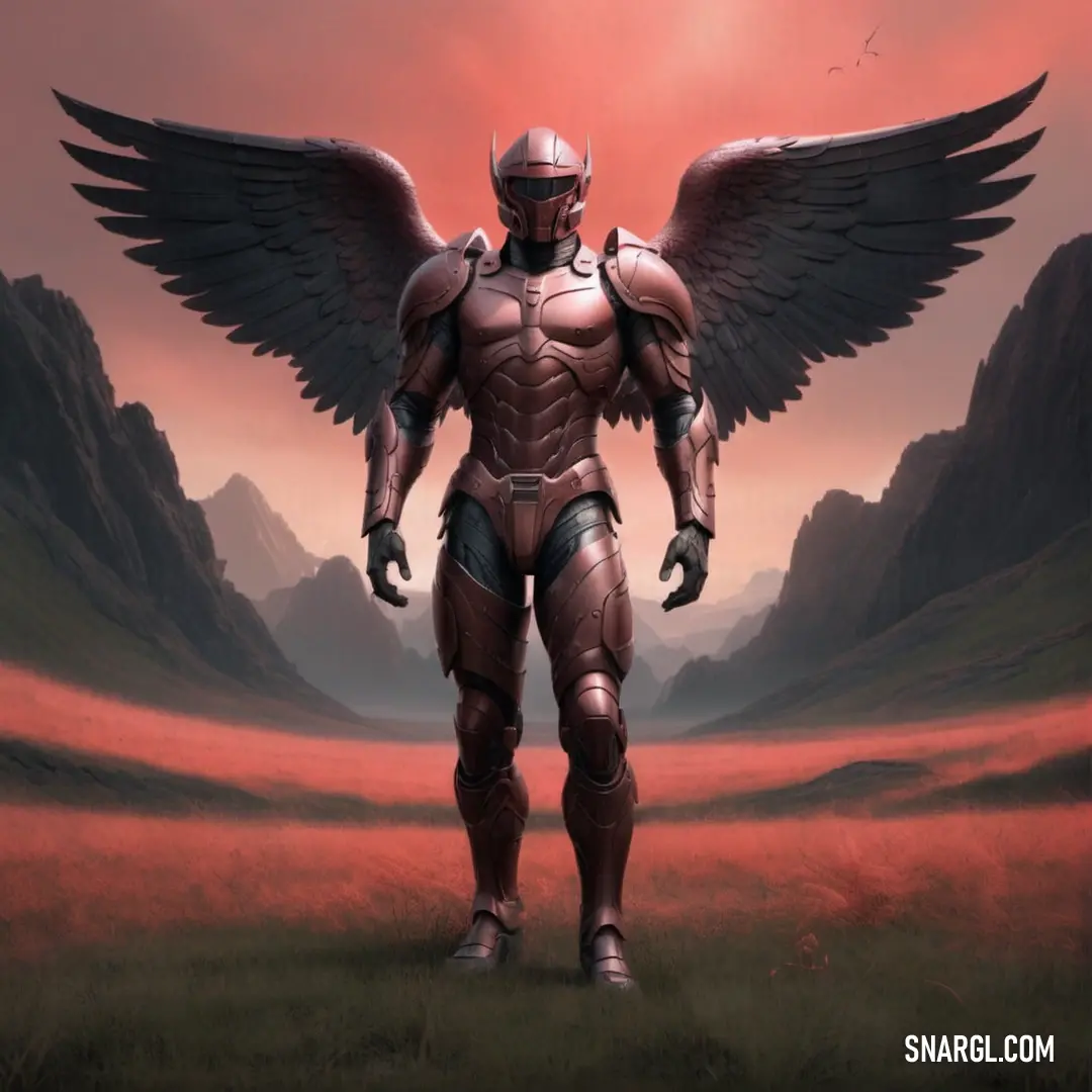 Man in a futuristic suit with wings on his chest and chest. Color CMYK 0,26,19,0.