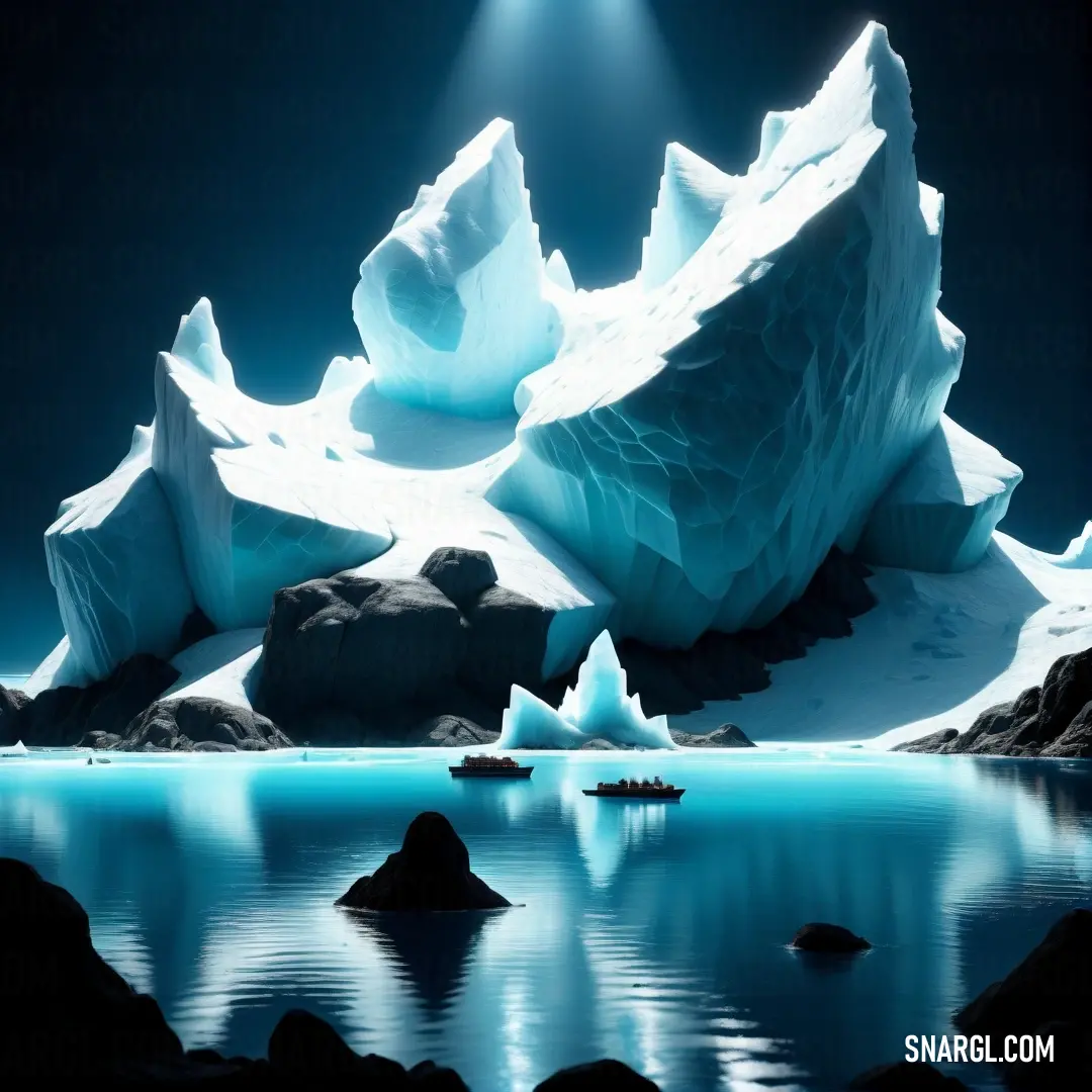 Large iceberg floating in a lake surrounded by rocks and icebergs in the background. Color #B4E6F0.