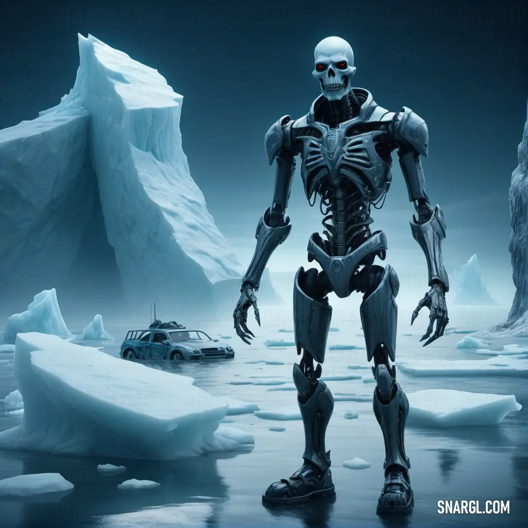 Robot standing in the middle of a frozen lake with icebergs in the background. Example of #B4E6F0 color.
