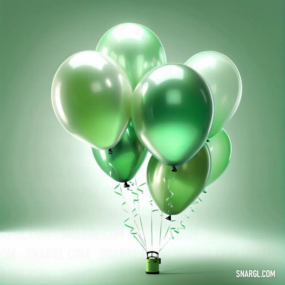 Bunch of green balloons floating in the air. Example of CMYK 30,0,29,0 color.