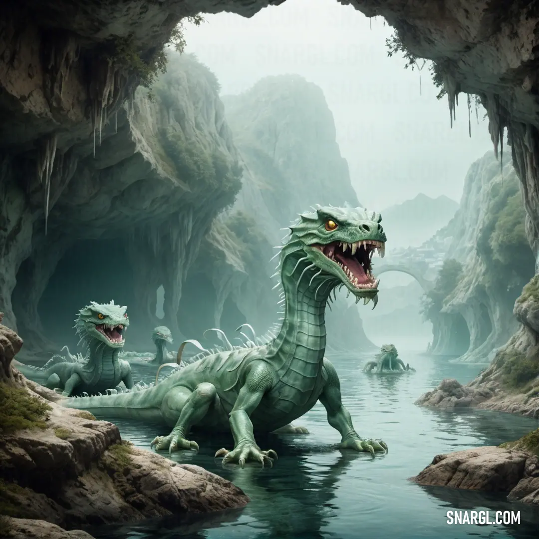 Green dragon with its mouth open in a cave with other creatures in the water and rocks around it. Example of NCS S 0530-B90G color.