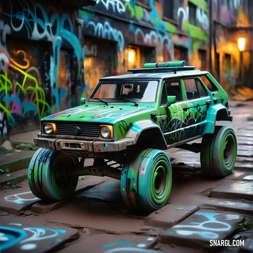Green toy truck with a green tire and a green top and wheels on a city street with graffiti on the walls. Color RGB 204,244,208.