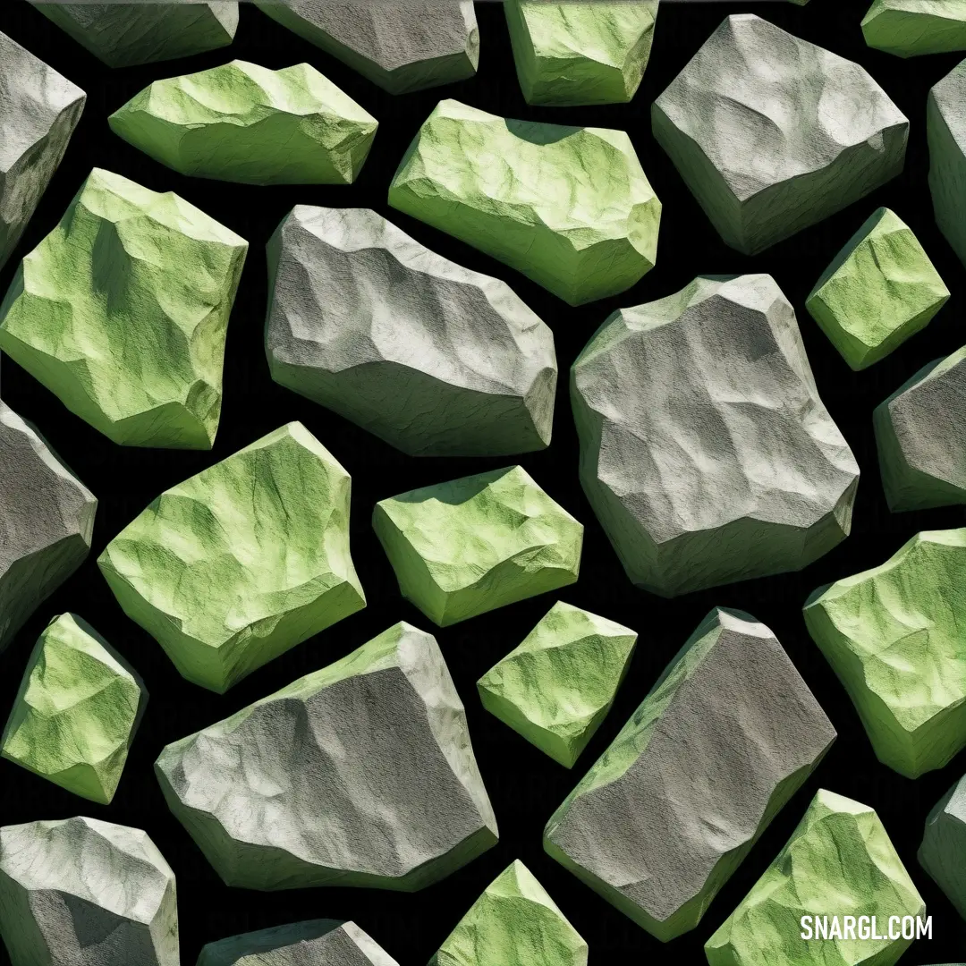 Bunch of rocks that are green and white with some rocks in the background. Example of CMYK 25,0,40,0 color.