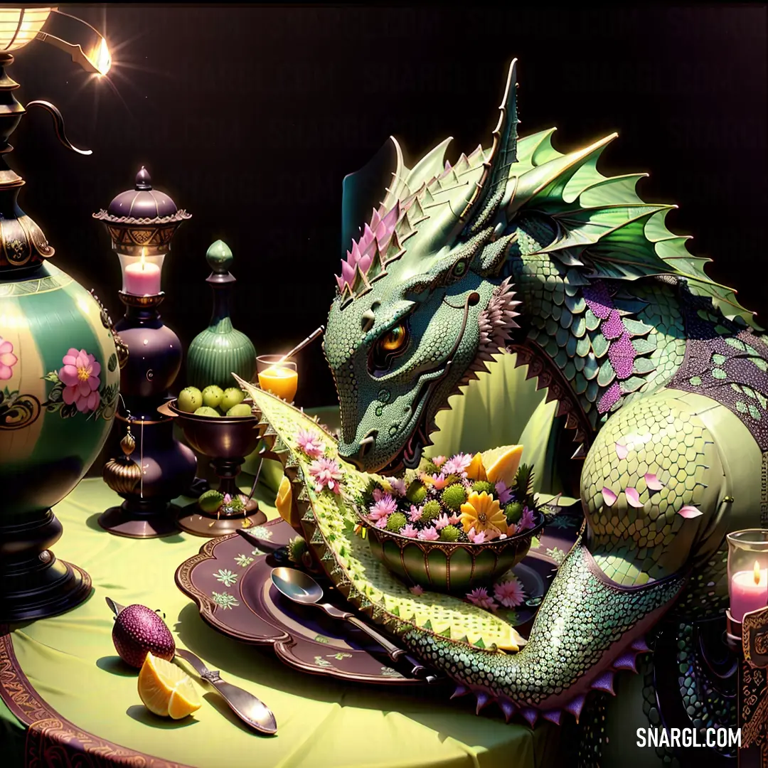 NCS S 0530-G30Y color example: Dragon statue on top of a table next to a vase and a candle holder