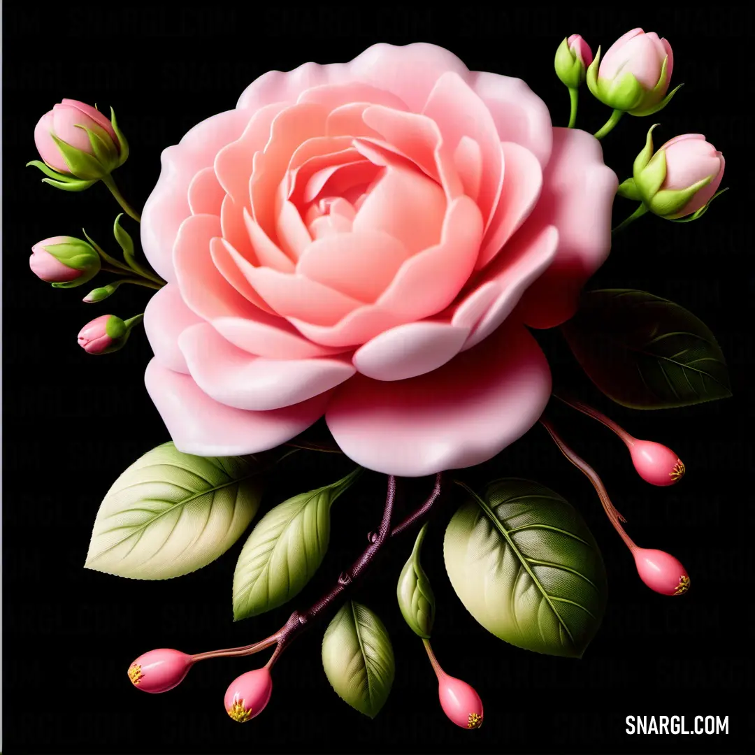 Pink flower with green leaves and buds on a black background. Example of CMYK 0,34,23,0 color.