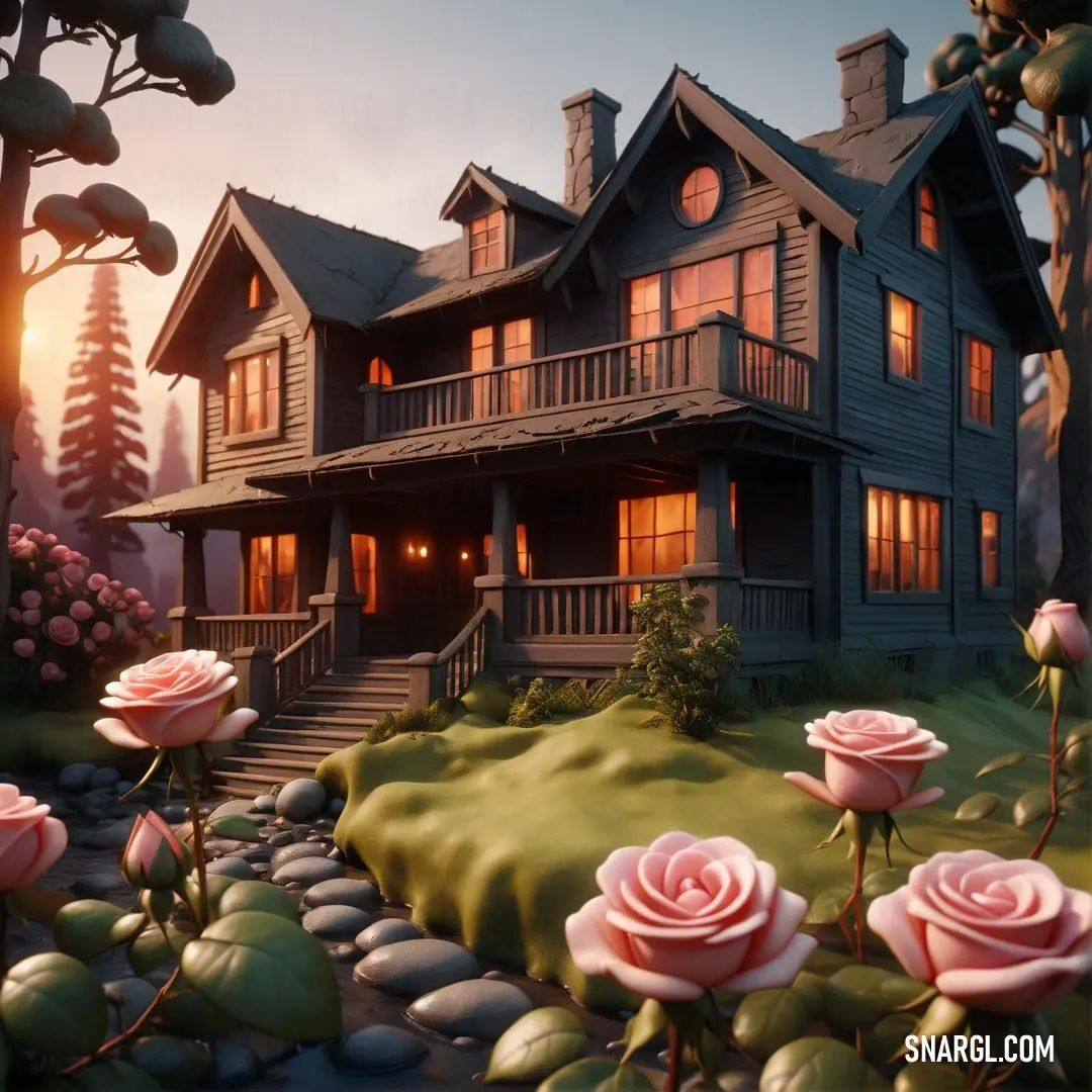 House with a lot of flowers in front of it. Color #FFC7CF.