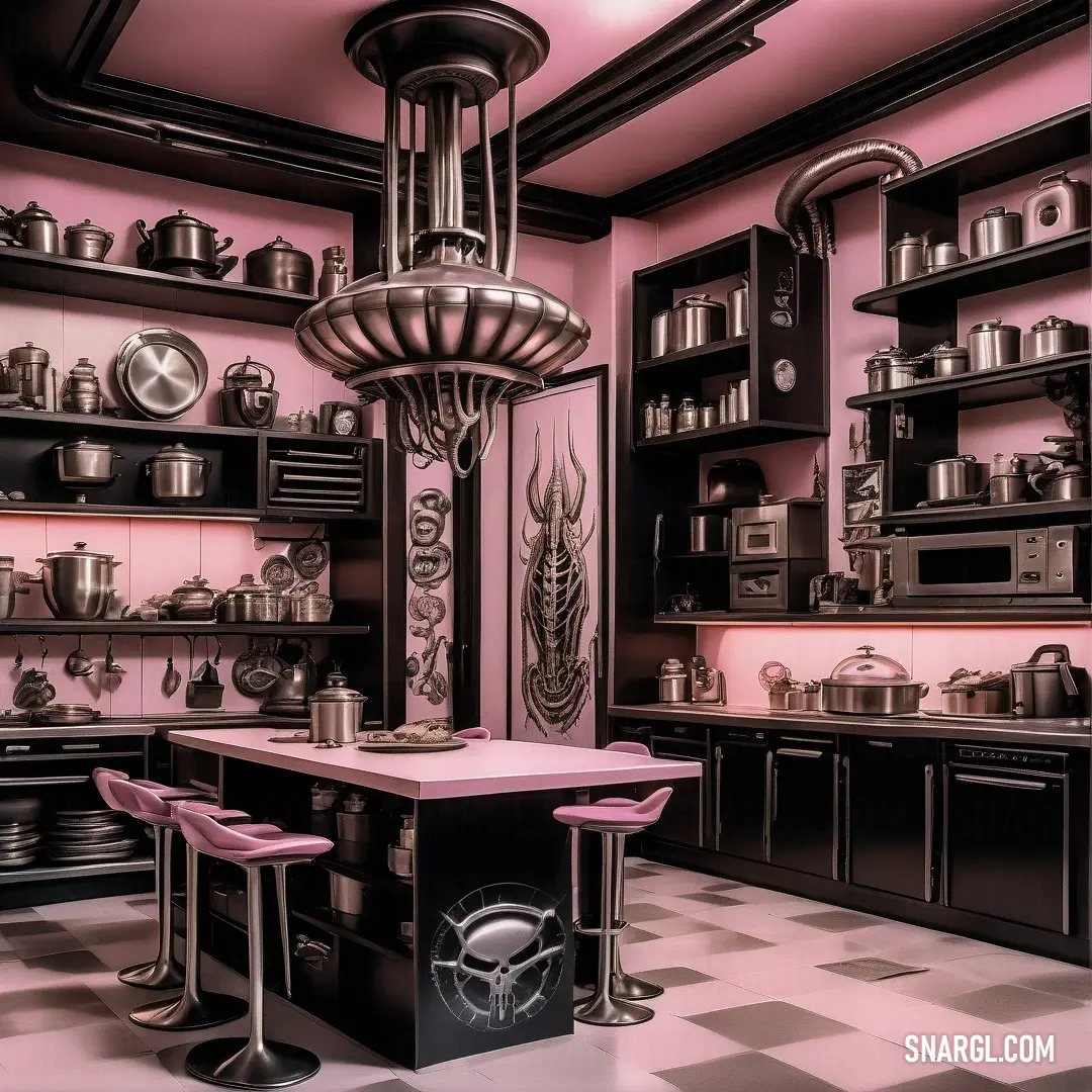 NCS S 0530-R10B color. Kitchen with a pink ceiling and a checkered floor and a chandelier hanging from the ceiling