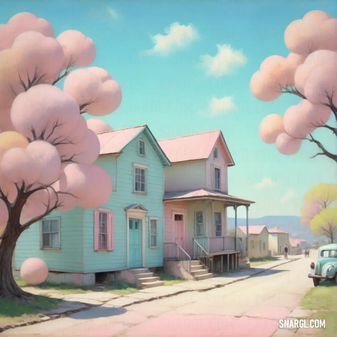 NCS S 0530-R10B color example: Painting of a blue house with pink trees and a car parked on the side of the road in front of it