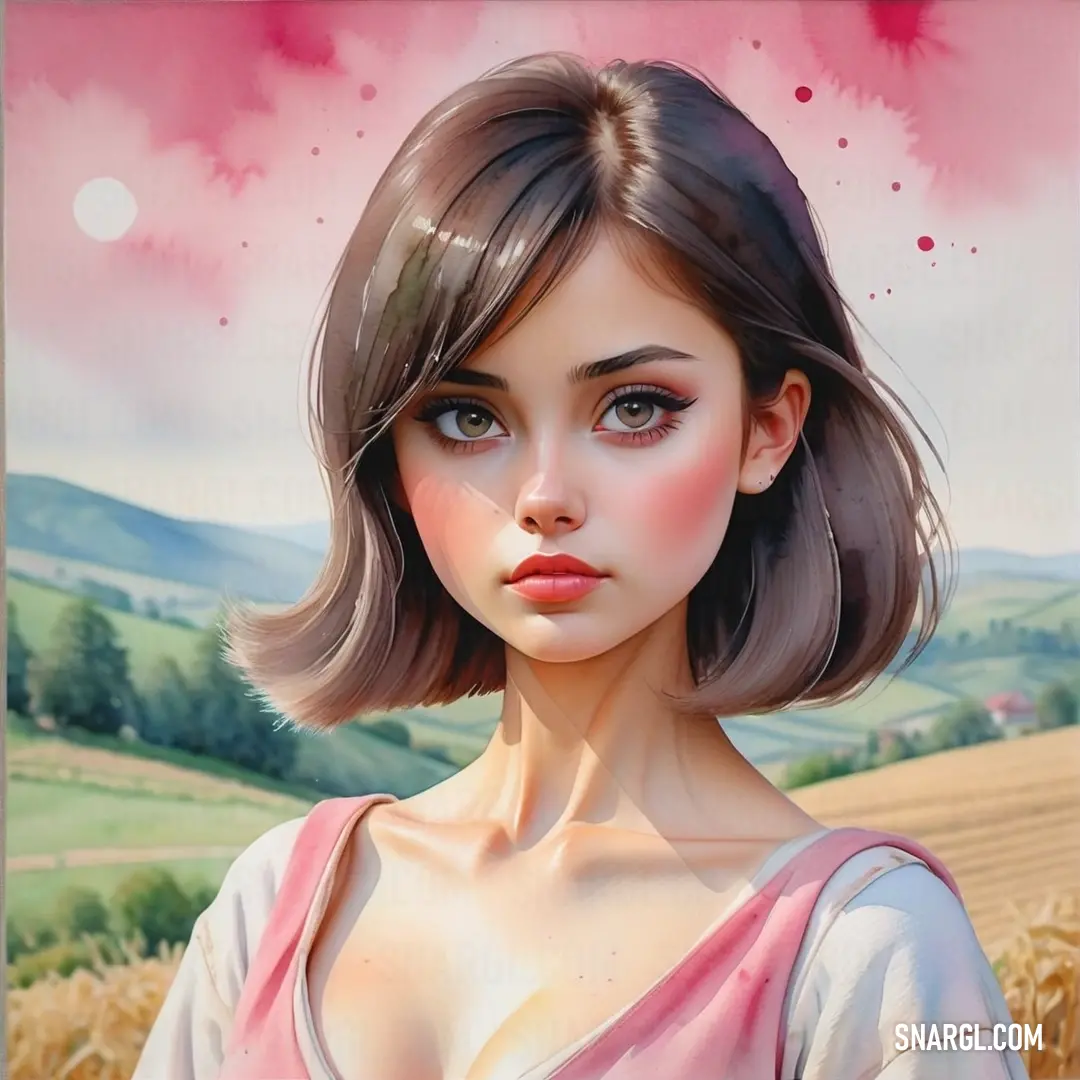 Painting of a woman with a pink dress on a field of wheat and hills in the background. Example of RGB 253,193,212 color.