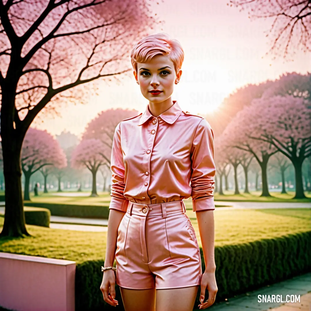 Woman in a pink shirt and shorts standing in front of a tree with pink flowers in the background. Example of CMYK 0,35,6,0 color.