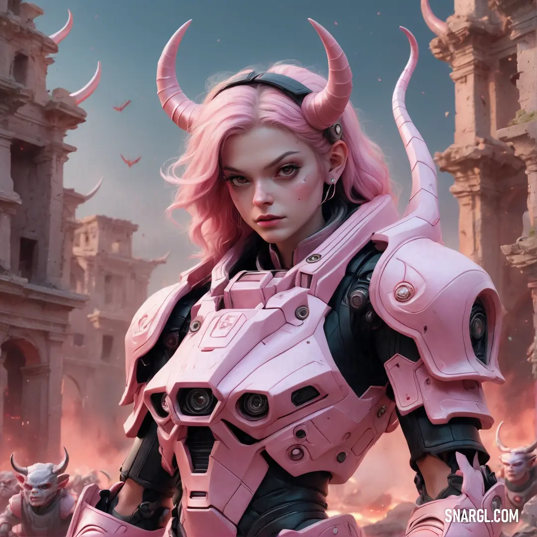 Woman with pink hair and horns standing in front of a cityscape with a demon like head. Example of NCS S 0530-R20B color.