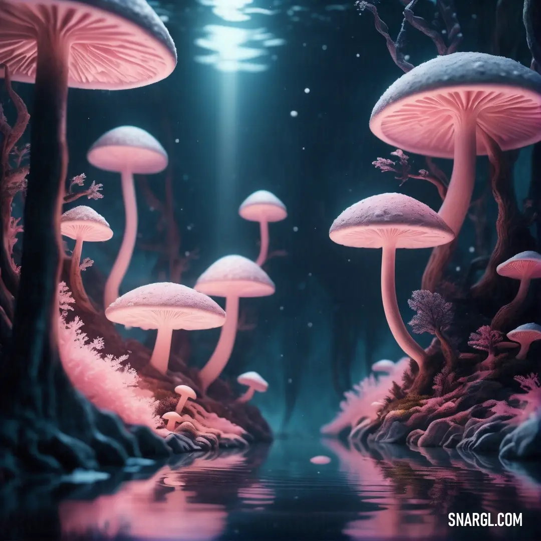 NCS S 0530-R30B color example: Group of mushrooms floating in a pond of water under a full moon sky with a light beam shining on them