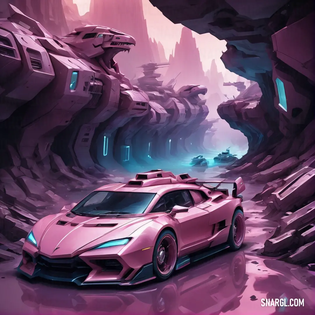 Pink car driving through a tunnel with a futuristic design on it's side and a futuristic looking car in the background