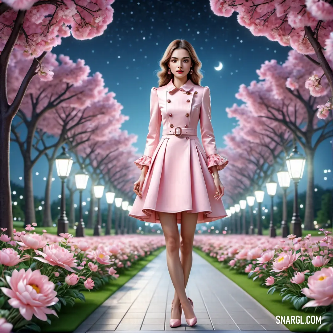 Woman in a pink dress is walking through a park with pink flowers and a full moon in the sky. Color NCS S 0530-R30B.