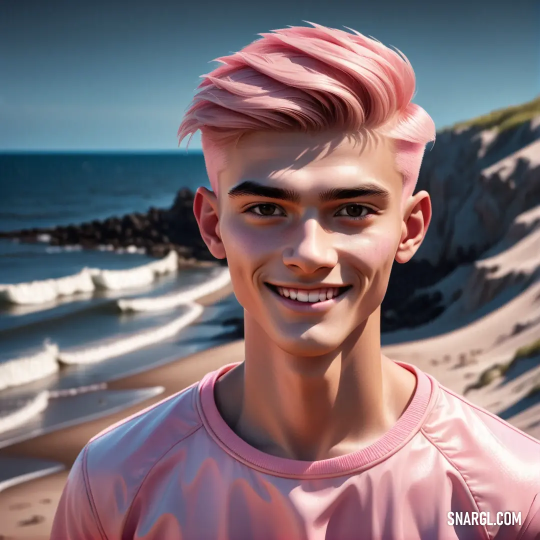 Digital painting of a man with pink hair and a pink shirt on a beach with a cliff in the background. Color NCS S 0530-R40B.