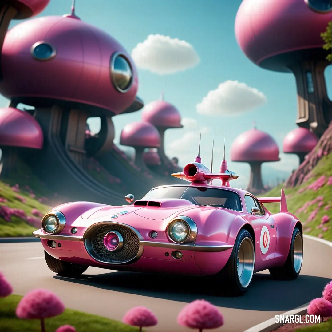 NCS S 0530-R40B color example: Pink car driving down a road with pink trees in the background