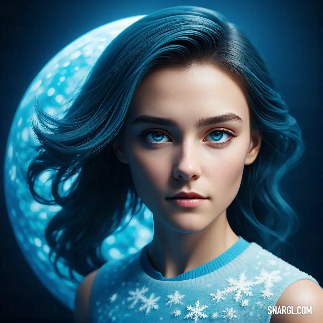 Woman with blue eyes and a blue sweater on is looking at the camera with a half moon in the background. Example of #BAE2F3 color.