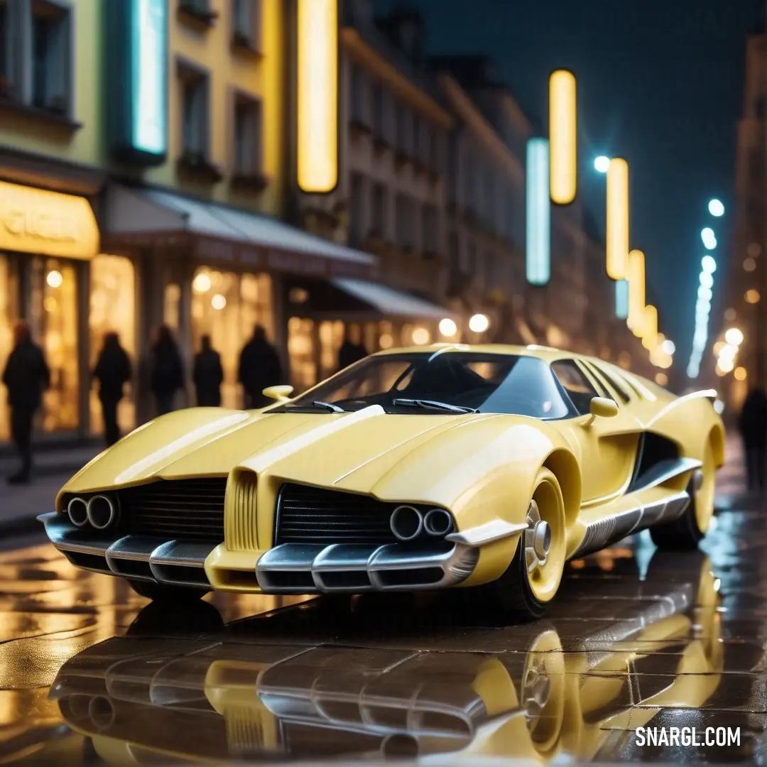 Yellow car is parked on a wet street at night in a city with people walking by it and a building with lights. Example of #FFEB92 color.