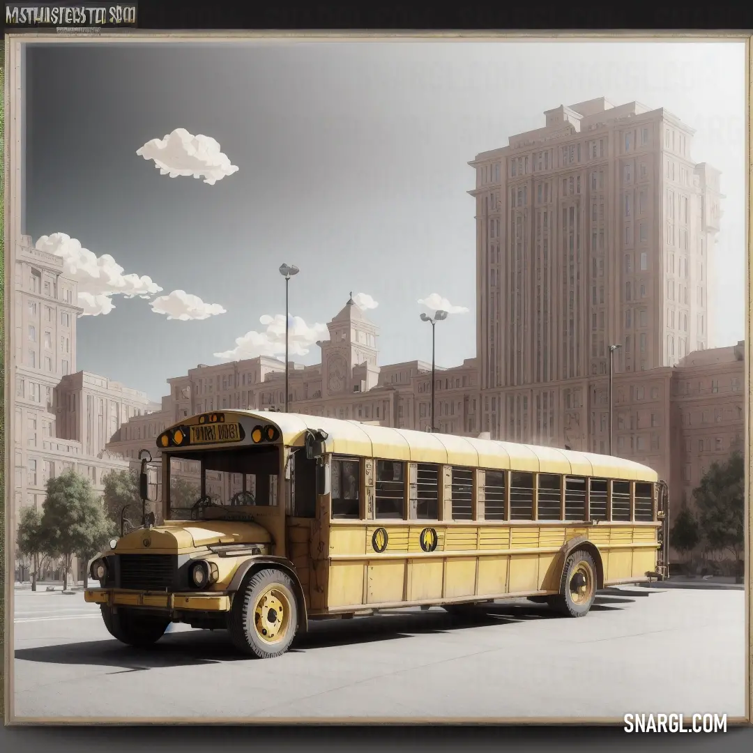 Painting of a school bus parked in a parking lot in front of a city building with tall buildings. Example of NCS S 0530-Y color.