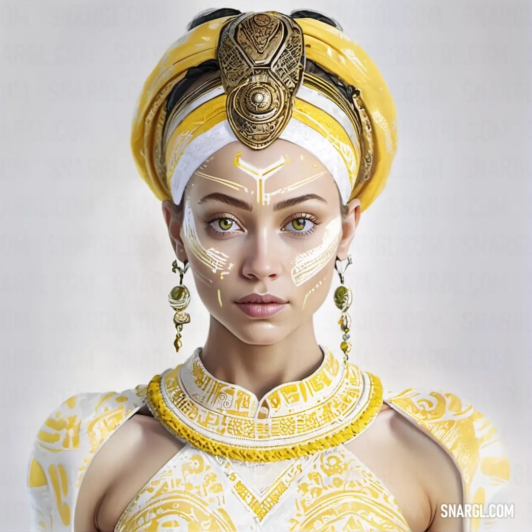 Woman with a yellow head piece and a white face paint on her face. Color CMYK 0,3,55,0.