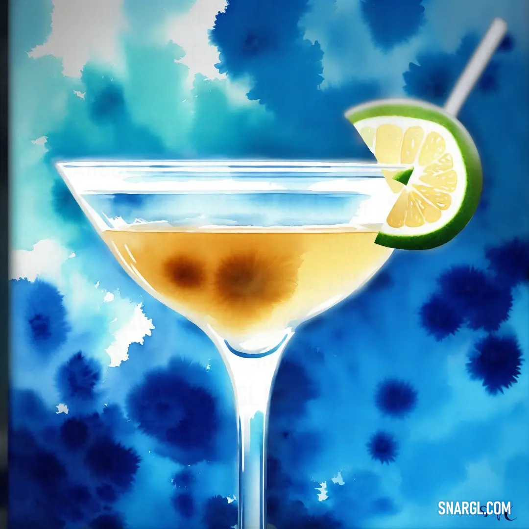 NCS S 0530-Y10R color. Painting of a martini with a lime slice on the rim and a blue background