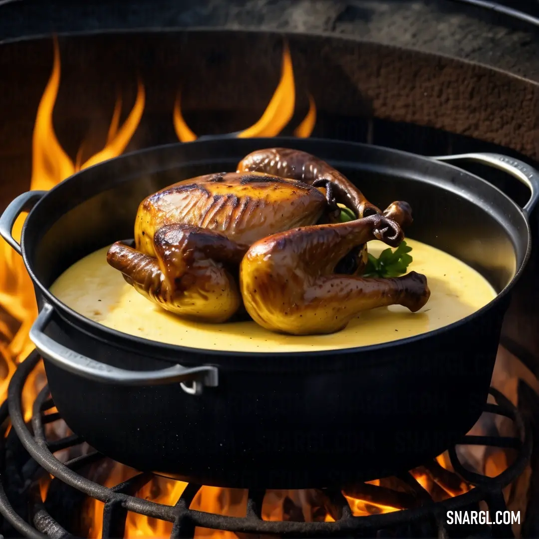 Pot of food with some chicken in it on a grill with flames in the background. Color #FFE292.