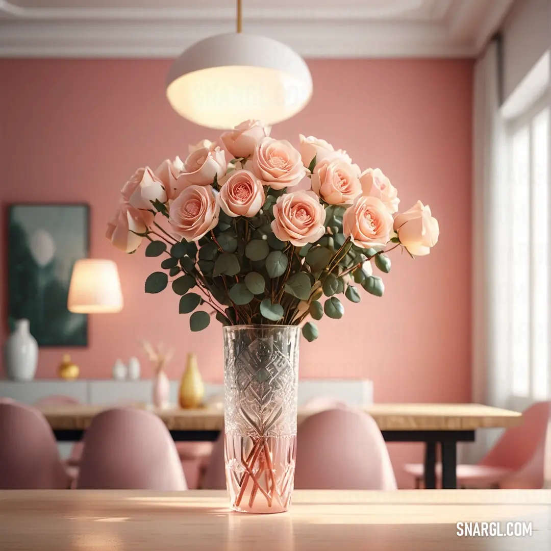 Vase of pink roses on a table in a dining room with pink chairs. Example of #FFBA92 color.