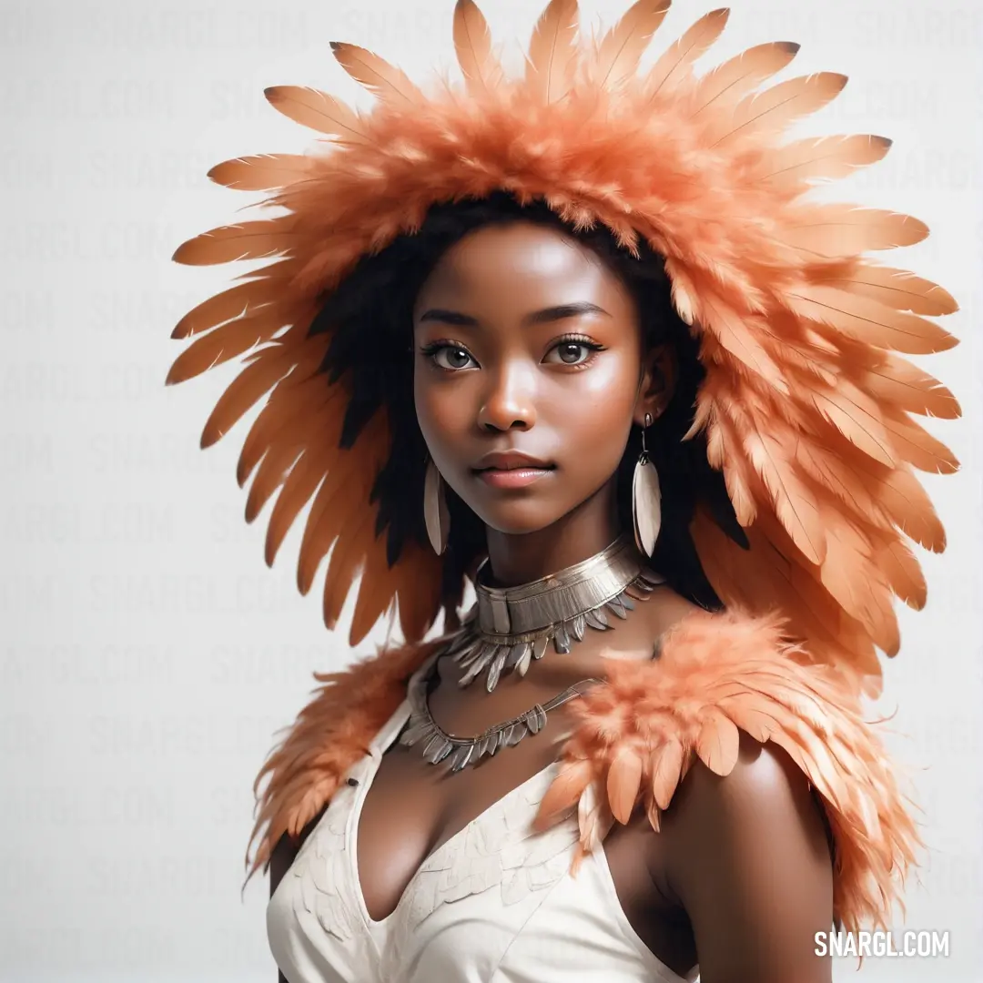 Woman with a large headdress and feathers on her head is posing for a picture in a white background. Color RGB 255,186,146.