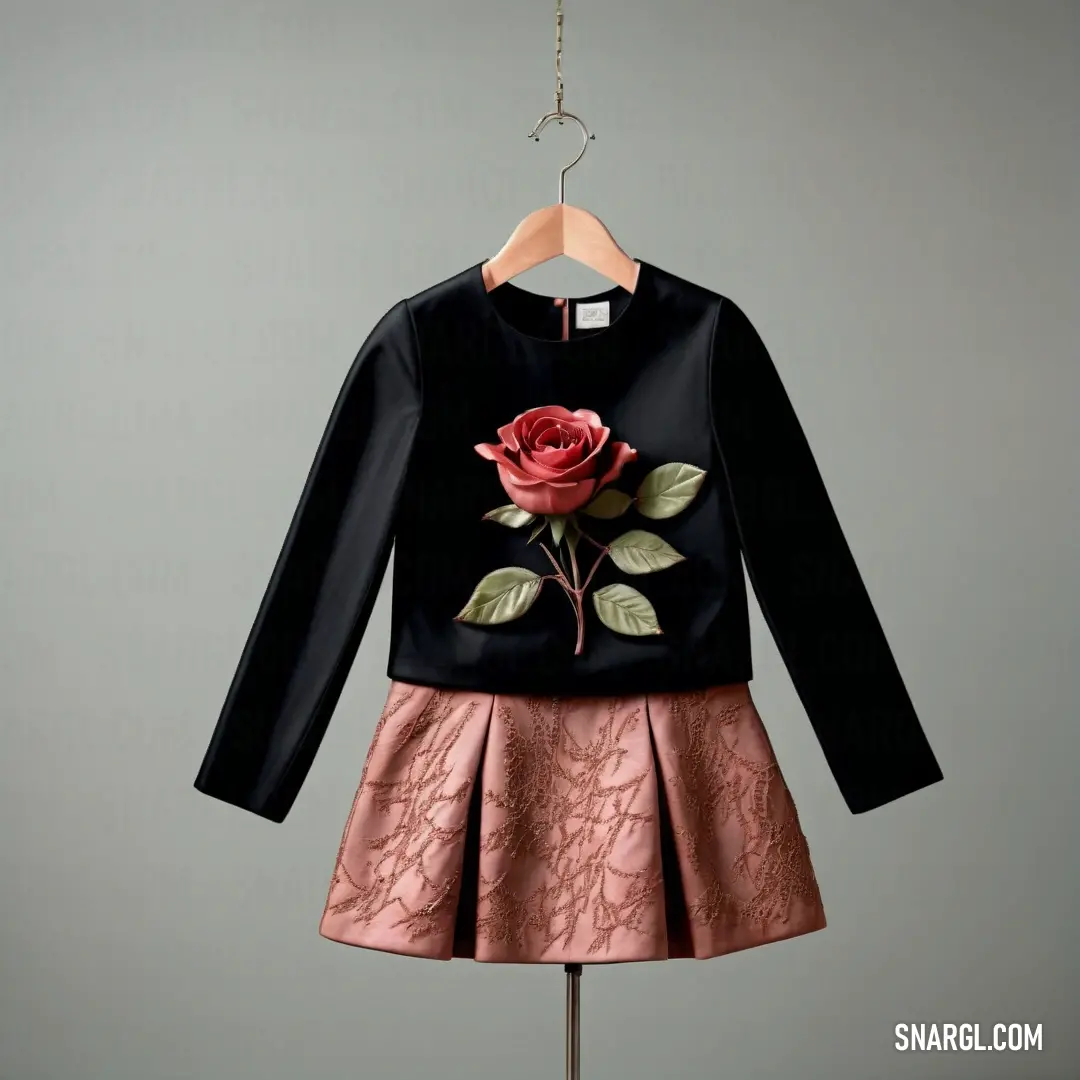 Dress with a rose on it hanging on a hanger with a hanger on it's side. Color RGB 254,174,145.