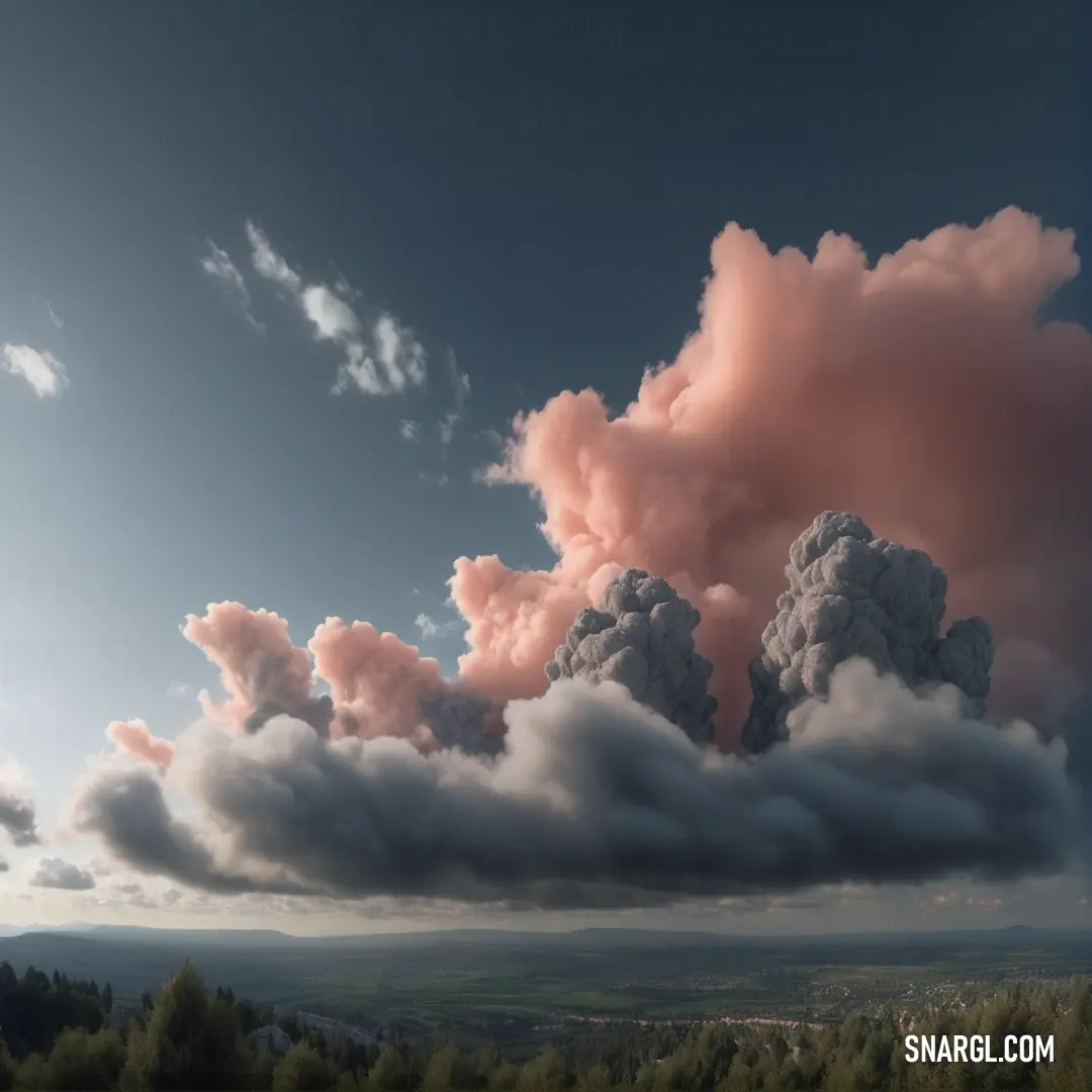 Large cloud of smoke is in the sky above a forest area with trees and a hill in the distance. Color RGB 254,174,145.