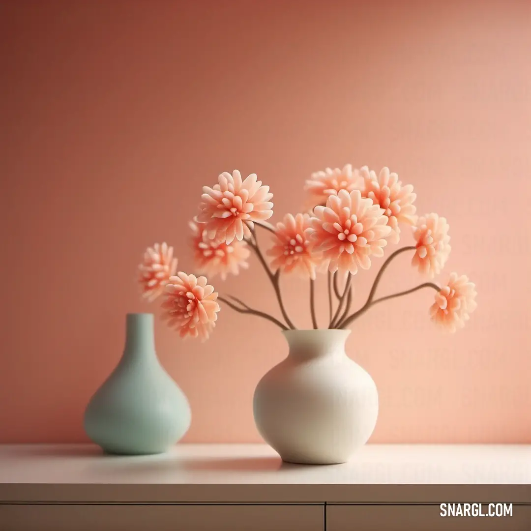Three vases with flowers in them on a table against a pink wall background. Color #FFB9A2.