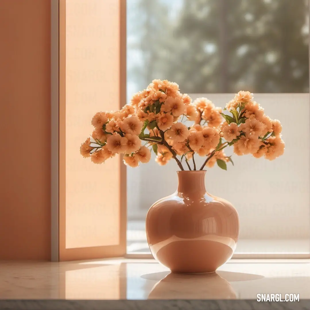 Vase with some flowers in it on a table near a window. Example of #FFB9A2 color.