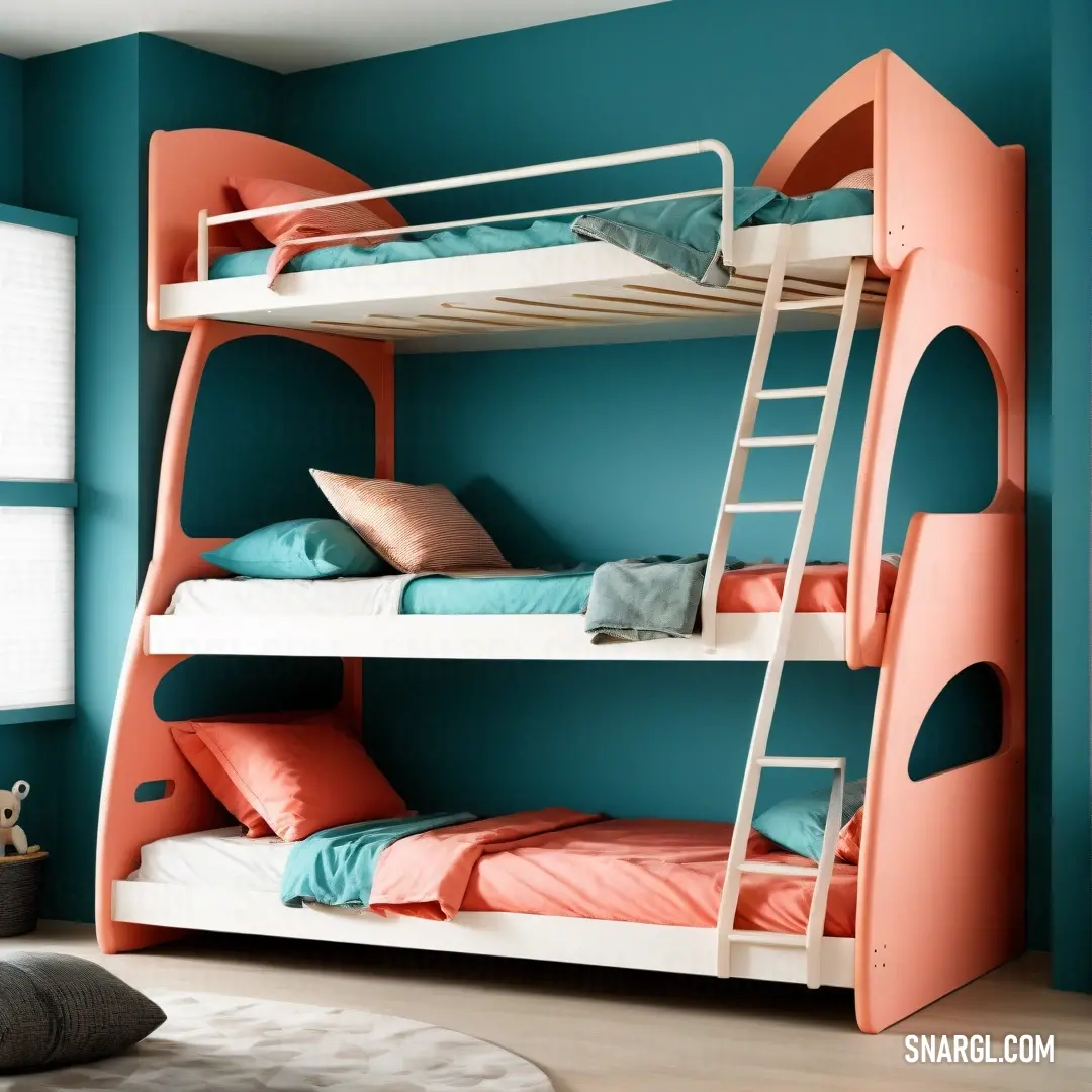 Room with a bunk bed and a ladder to the top of it. Example of RGB 255,185,162 color.
