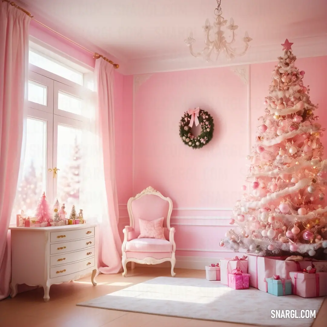 Pink christmas tree in a pink room with a pink chair and a pink wall clock on the wall. Example of #FFBEB2 color.