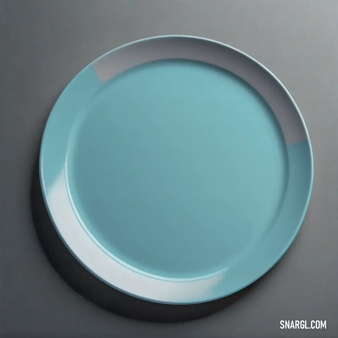 Blue plate with a white rim on a gray surface with a shadow of a plate on the side. Example of #A2DDEE color.