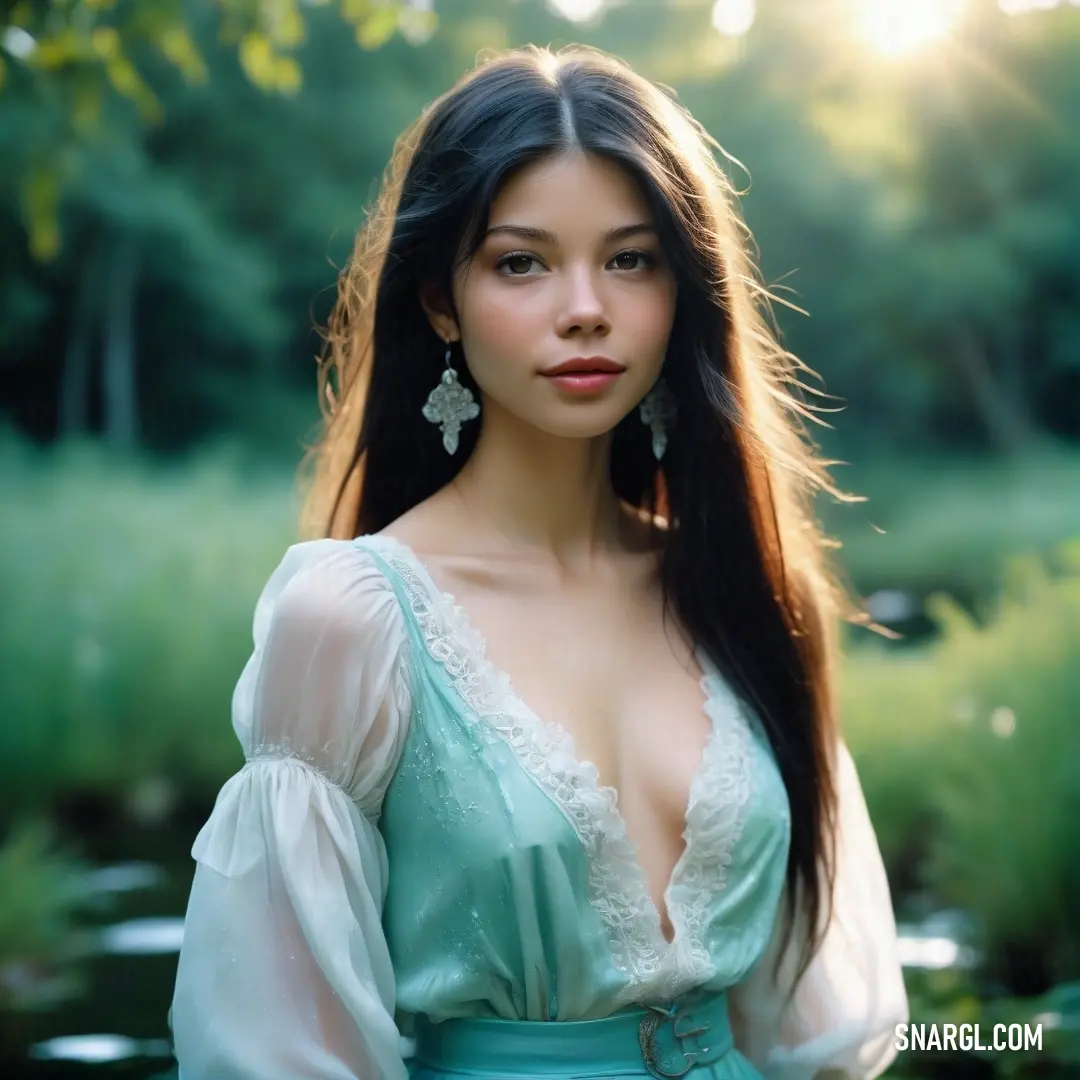 NCS S 0540-B30G color example: Woman in a dress posing for a picture in a field of grass and trees with her long hair in the wind