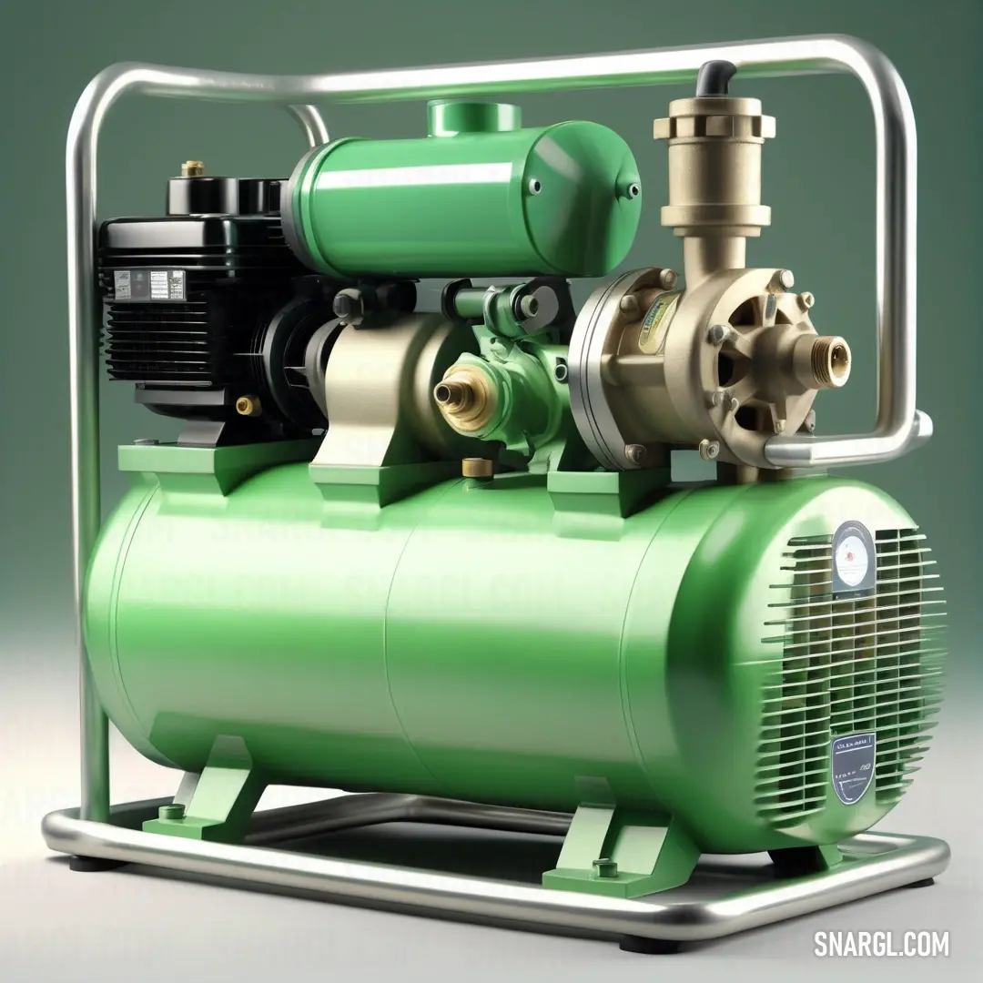 Green and silver air compressorer on a metal stand with a green background. Example of CMYK 40,0,40,0 color.
