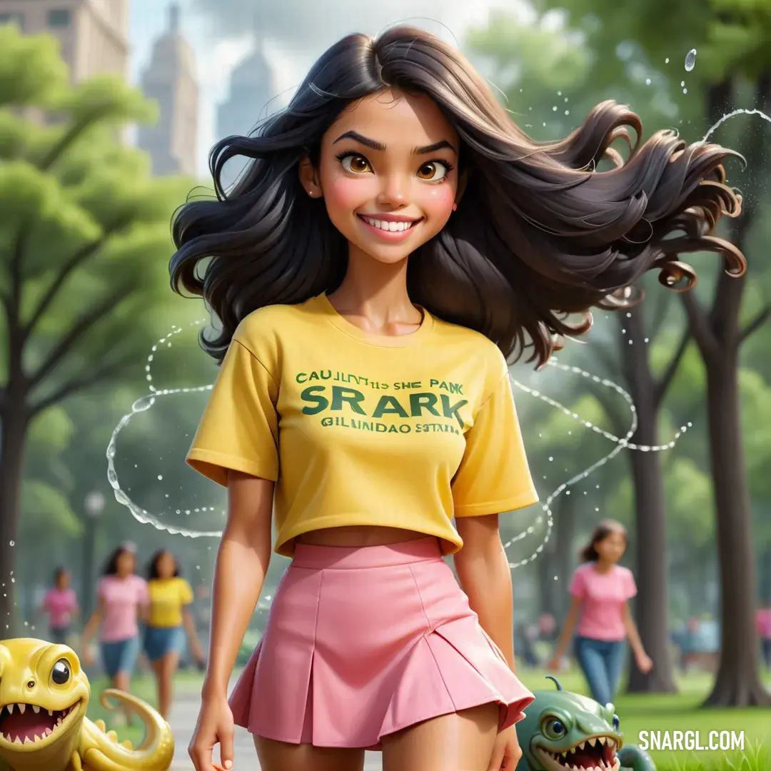 Cartoon girl with long hair and a yellow shirt is walking in a park with a dinosaur toy and a t - shirt that says spark